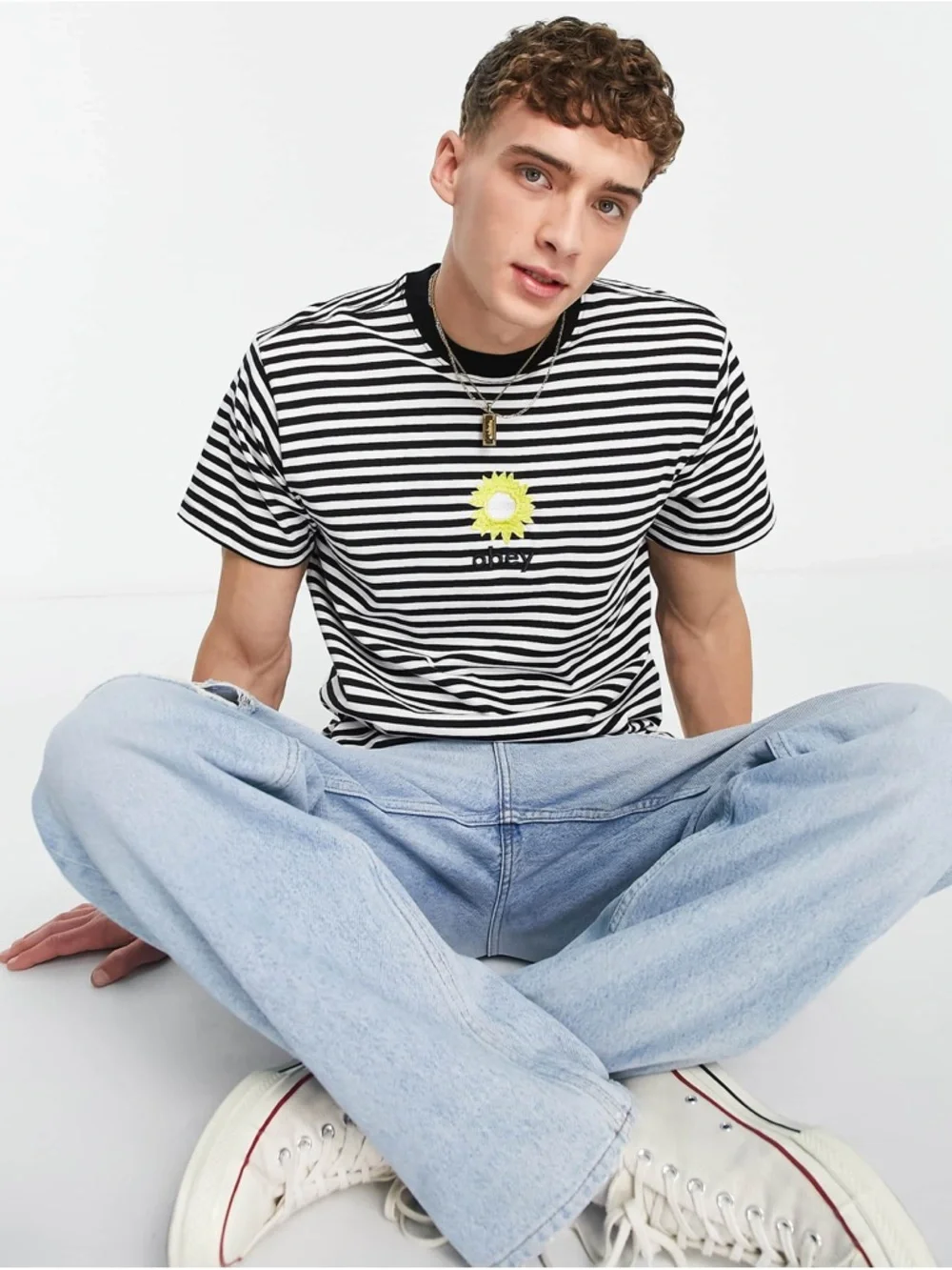 OBEY XL Black & White Striped Short-Sleeve Tee with Yellow Sun Motif PTP 25-28 - Picture 2 of 8